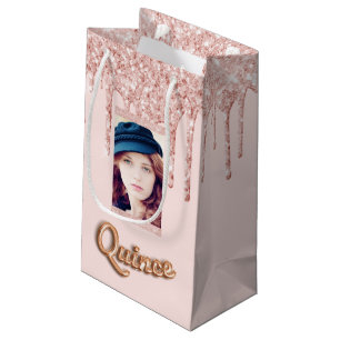 Quinceanera rose gold blush glitter photo small gift bag
