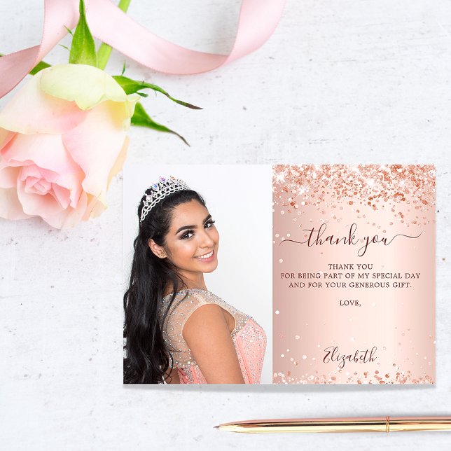 Quinceanera rose gold blush glitter photo thank you card (Creator Uploaded)