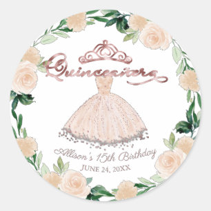 Quinceanera Rose Gold Blush Gown Pink Floral Classic Round Sticker