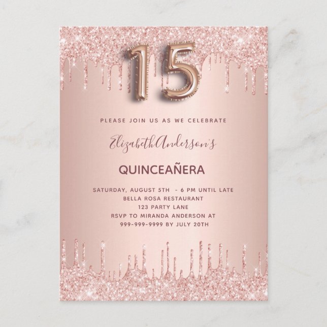 Quinceanera rose gold blush invitation postcard (Front)