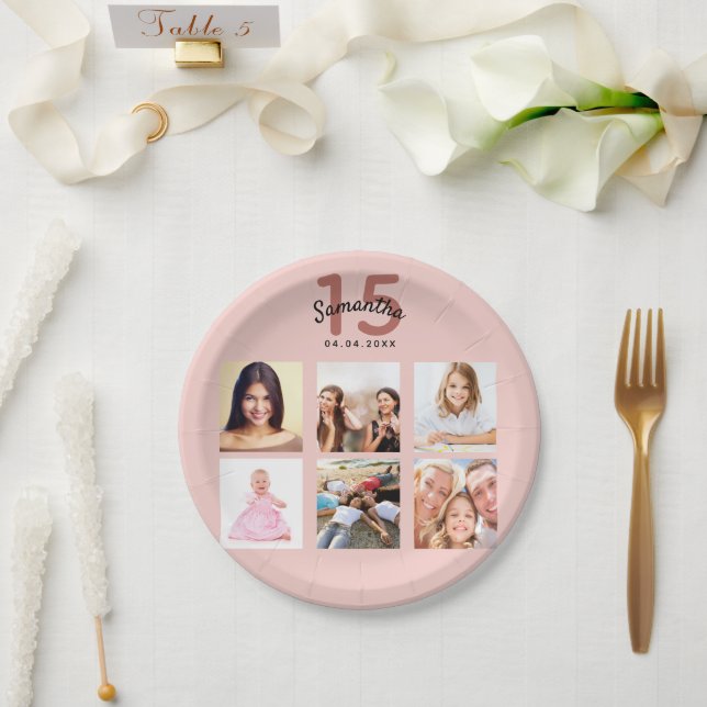 Quinceanera rose gold blush photo name paper plate (Wedding)