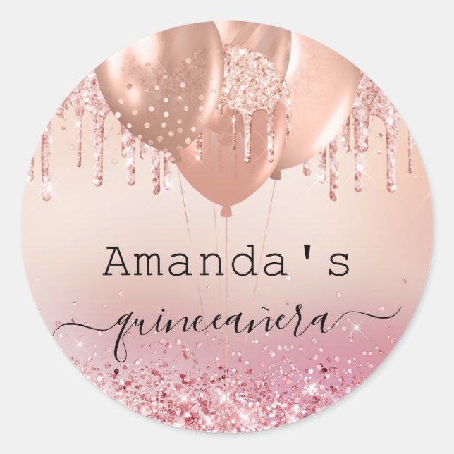 Quinceanera rose gold blush pink balloons name classic round sticker (Front)