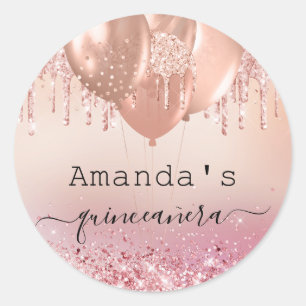 Quinceanera rose gold blush pink balloons name classic round sticker