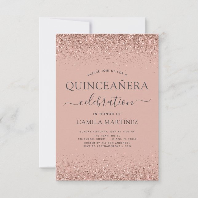 Quinceanera Rose Gold Blush Pink Glitter Sparkle Invitation (Front)