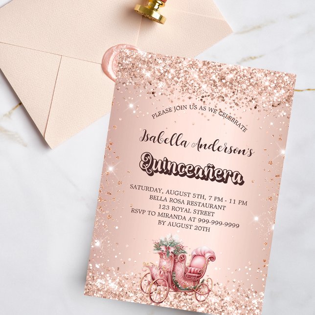 Quinceanera rose gold carriage invitation postcard (Creator Uploaded)