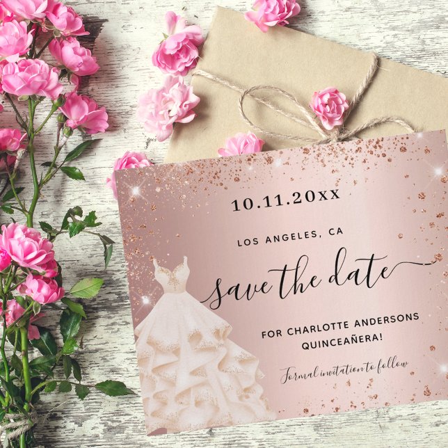 Quinceanera rose gold dress budget save the date flyer (Creator Uploaded)