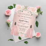 Quinceanera rose gold dress floral 2 girls twins invitation<br><div class="desc">Celebrate a double Quinceañera in style with this modern and glamourous invitation designed for two sisters! Featuring a chic rose gold background adorned with blush pink flowers, this invitation showcases two girls in elegant ball gowns. The names are beautifully written in a modern hand-lettered script, adding a personalised and sophisticated...</div>