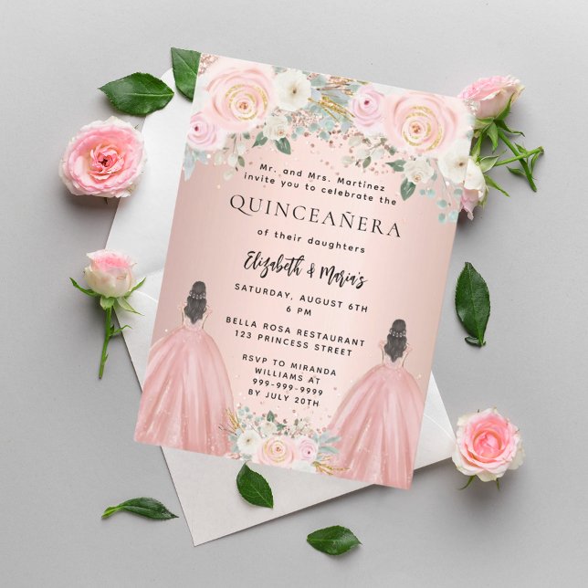 Quinceanera rose gold dress floral 2 girls twins invitation (Creator Uploaded)
