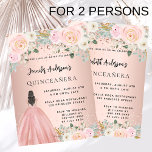 Quinceanera rose gold dress floral 2 persons twins invitation<br><div class="desc">A modern, stylish and glamourous invitation for 2 Quinceañeras, 15th birthday parties. A rose gold background decorated with blush pink flowers, florals, and a girl wearing a ball gown. The names are written with a modern hand lettered style script. Personalise and add your party details. One name on each side....</div>