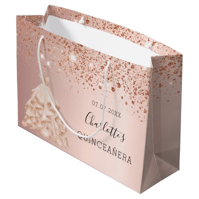 Quinceanera rose gold dress name large gift bag (Back Angled)