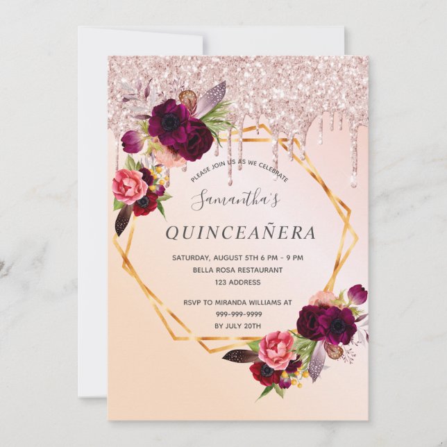 Quinceanera rose gold drips floral burgundy invitation (Front)
