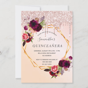 Quinceanera rose gold drips floral burgundy invitation