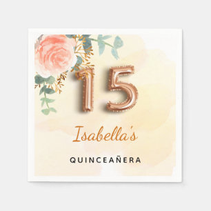 Quinceanera rose gold floral greenery name napkin