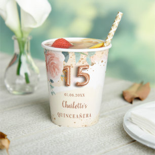 Quinceanera rose gold florals glitter golden paper cups