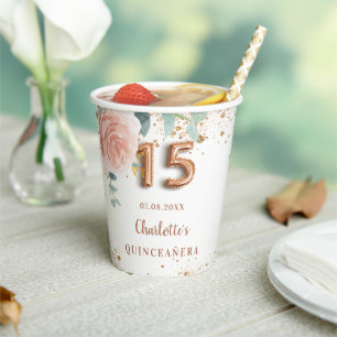 Quinceanera rose gold florals glitter monogram paper cups