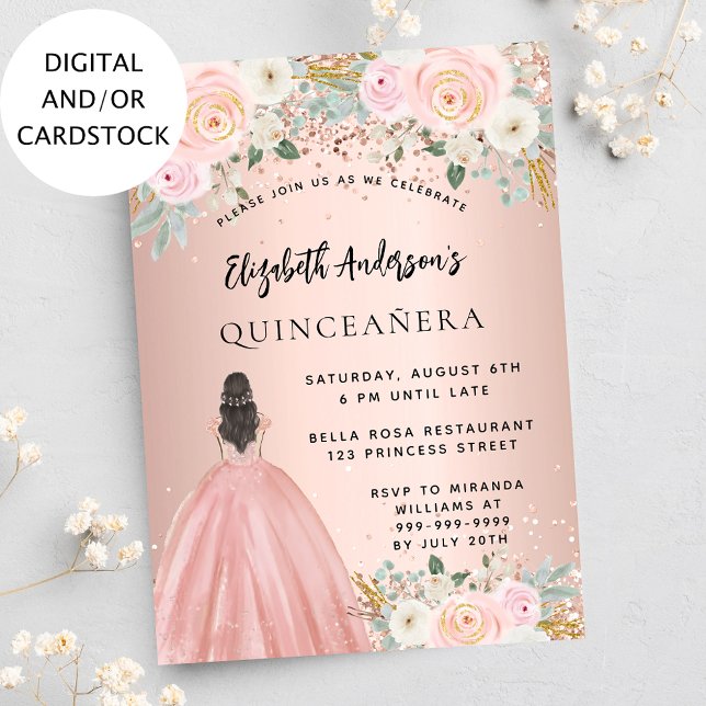 Quinceanera rose gold flowers dress invitation (Creator Uploaded)