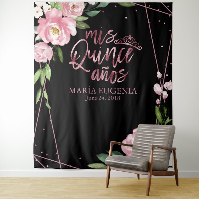 Quinceanera Rose Gold Foil Pink Floral Backdrop Tapestry (In Situ)