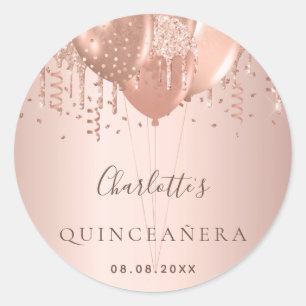 Quinceanera rose gold glitter balloons monogram  classic round sticker