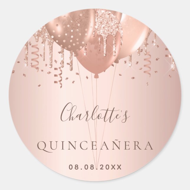 Quinceanera rose gold glitter balloons monogram  classic round sticker (Front)