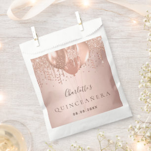 Quinceanera rose gold glitter balloons monogram favour bags