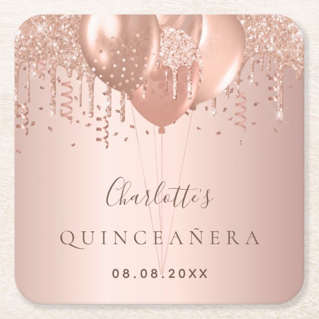 Quinceanera rose gold glitter balloons monogram square paper coaster (Front)