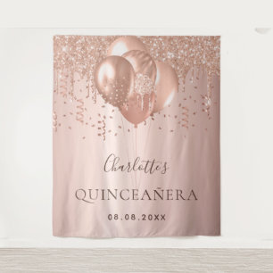 Quinceanera rose gold glitter balloons monogram tapestry
