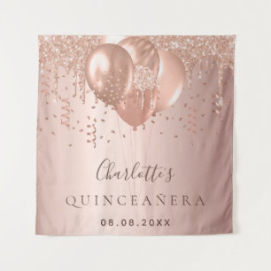 Quinceanera rose gold glitter balloons monogram tapestry