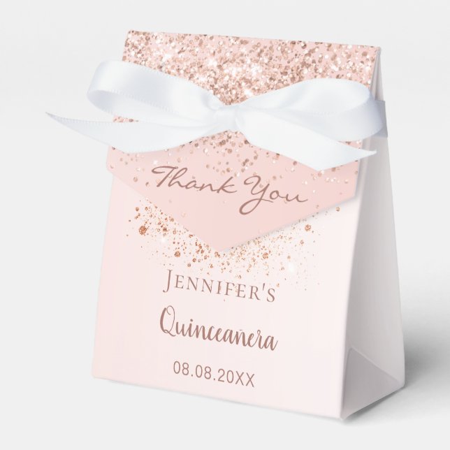 Quinceanera rose gold glitter blush pink thank you favour box (Front Side)