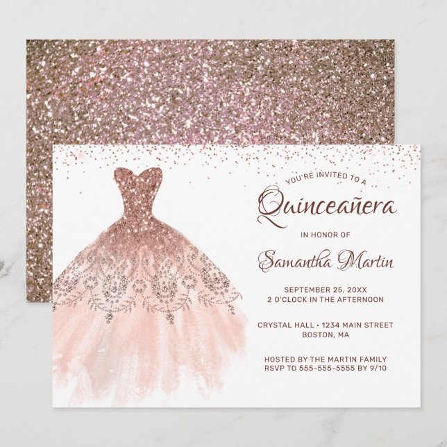 Quinceanera Rose Gold Glitter Dress Glam Party Invitation (Front/Back)