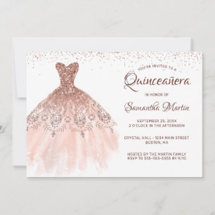Quinceanera Rose Gold Glitter Dress on White Party Invitation