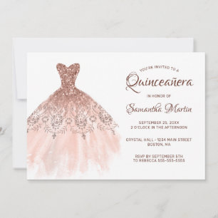 Quinceanera Rose Gold Glitter Dress on White Party Invitation