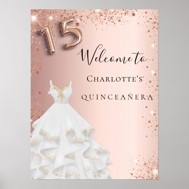Quinceanera rose gold glitter dress white welcome poster (Front)