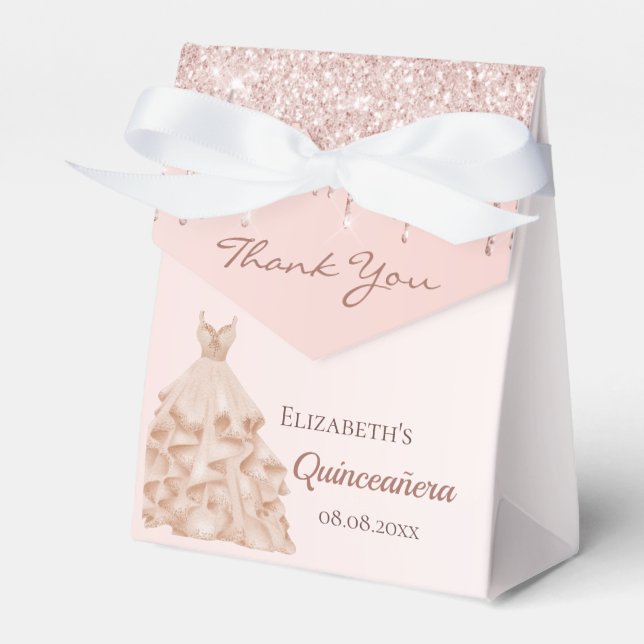Quinceanera rose gold glitter drip dress thank you favour box (Front Side)