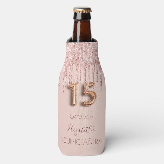 Quinceanera rose gold glitter drips monogram bottle cooler (Bottle Front)