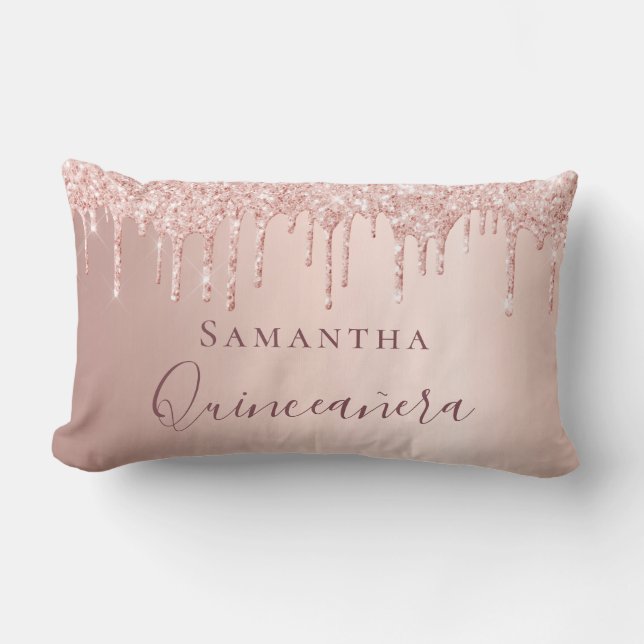 Quinceanera rose gold glitter drips monogram lumbar cushion (Front)