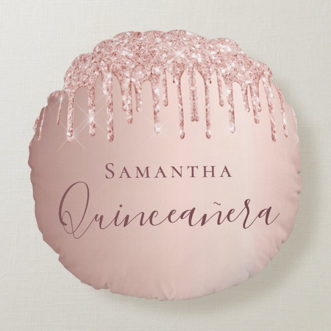 Quinceanera rose gold glitter drips monogram round cushion (Front)
