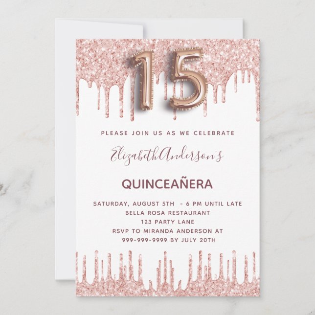 Quinceanera rose gold glitter drips pink invitation (Front)