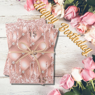 Quinceanera rose gold glitter drips pink luxury wrapping paper sheet