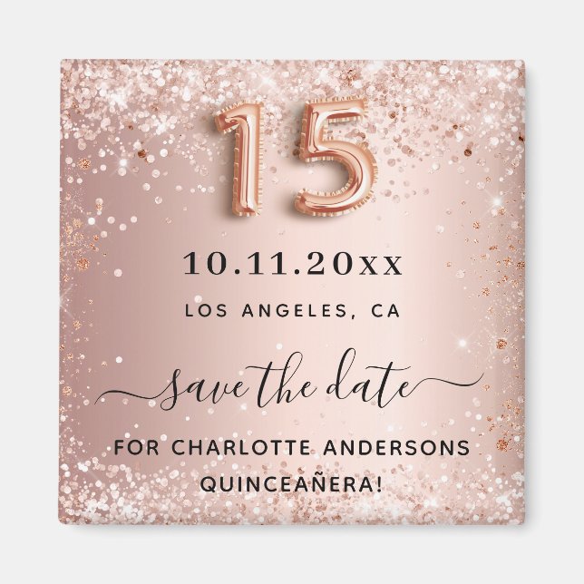 Quinceanera rose gold glitter dust save the date magnet (Front)