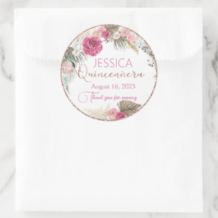 Quinceanera Rose Gold Glitter Floral Round Sticker