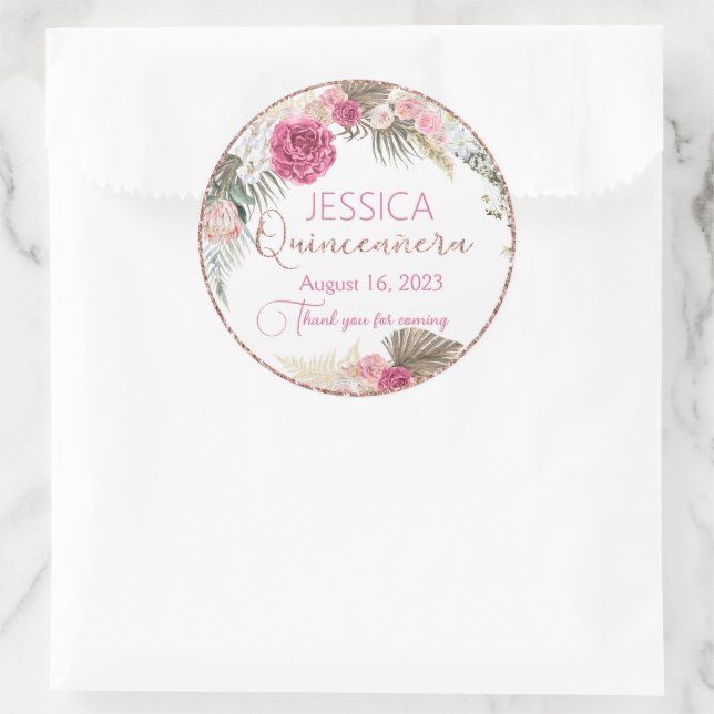 Quinceanera Rose Gold Glitter Floral Round Sticker (Bag)