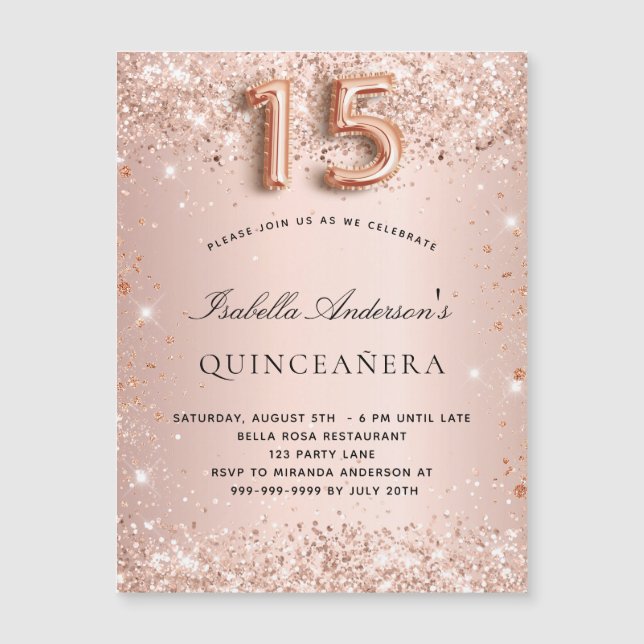 Quinceanera rose gold glitter magnet invitation (Front)