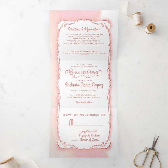 Quinceanera Rose Gold Glitter Mexican Fiesta Tri-Fold Invitation (Inside)