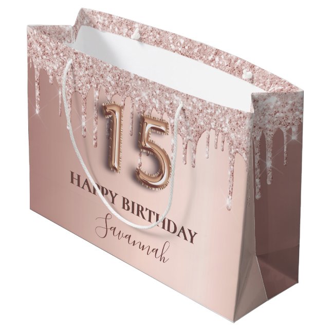 Quinceanera rose gold glitter pink balloon style large gift bag (Back Angled)