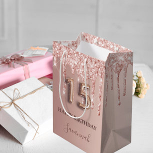 Quinceanera rose gold glitter pink balloon style medium gift bag