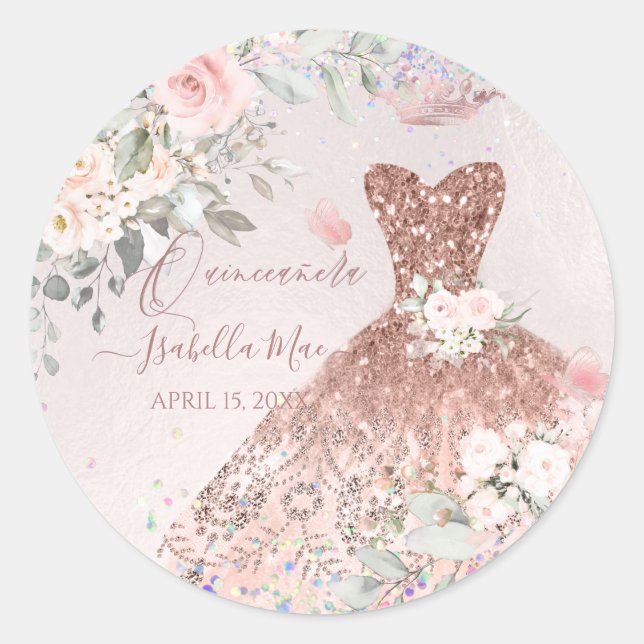 Quinceanera  Rose Gold Glitter Quince Dress Classic Round Sticker (Front)