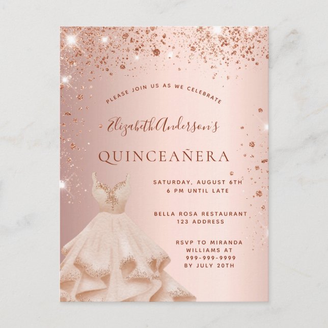 Quinceanera rose gold glitter sparkle dress invitation postcard (Front)