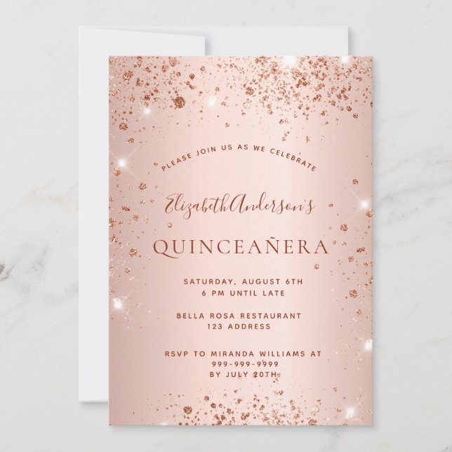 Quinceanera rose gold glitter sparkle glam invitation (Front)