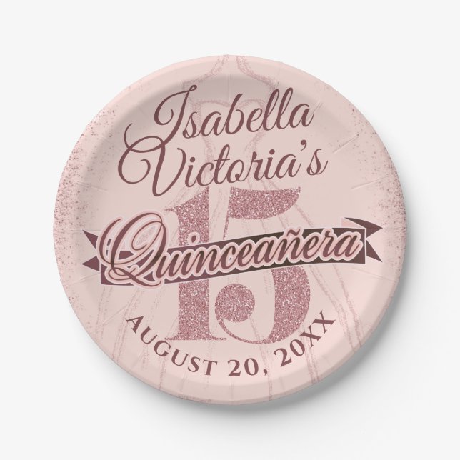 Quinceanera Rose Gold Glitter Sparkle Paper Plate (Front)