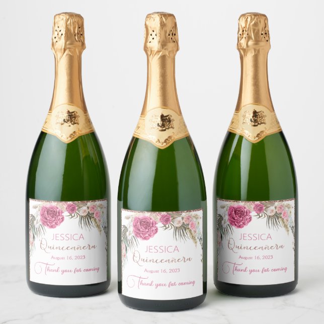 Quinceanera Rose Gold Glitter Sparkling Wine Label (Bottles)